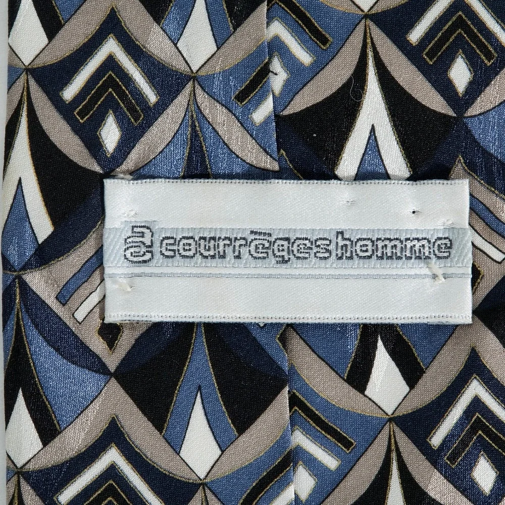 Courreges Homme Tie Mens Blue Geometric Art Deco Print Italian Silk